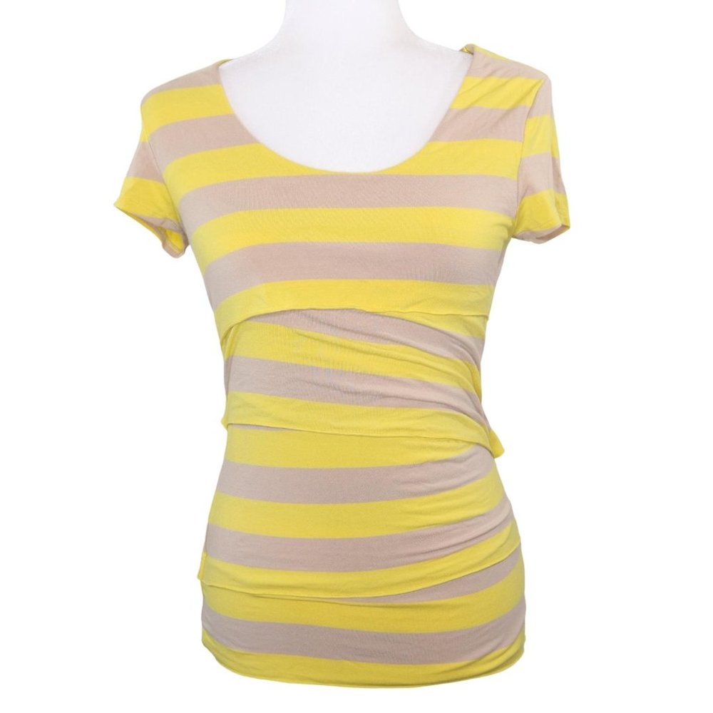 Vince Camuto Layered Tiered Blouse Yellow Lilac Striped Stretch Top